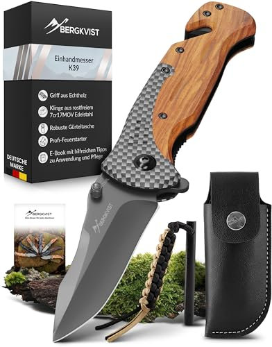 BERGKVIST® K39 Klappmesser (Einhandmesser) in der Waldholz-Edition für Outdoor & Survival - scharfes 3-in-1 Taschenmesser mit Holz-Griff, Glasbrecher & Gurtschneider inkl. Feuerstahl & Tasche