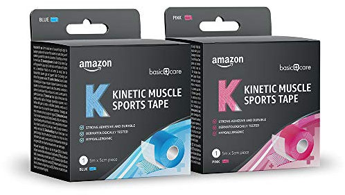 Amazon Basic Care - Kinesio-Tape, Sport-Tape für die Muskeln, 5 m x 5 cm, 2er-Pack (Blau, Rosa)
