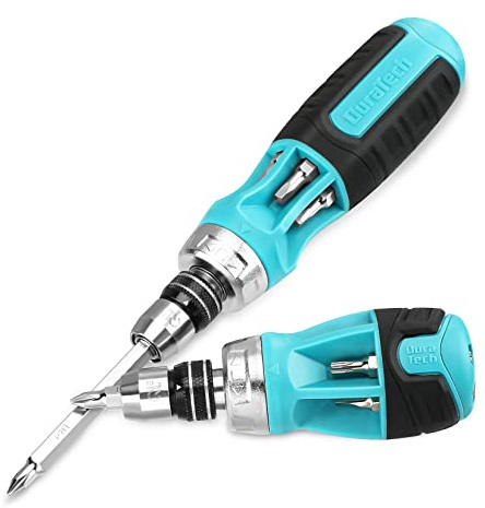 DURATECH 2PCs Ratcheting Screwdriver Set, 12-in-1 Multi-bit Standard/Stubby Screw Driver Set, Premium S2 Steel, Innovated Bits Quick-Load Mechanism, with Phillips, Slotted, Torx, Square Bits