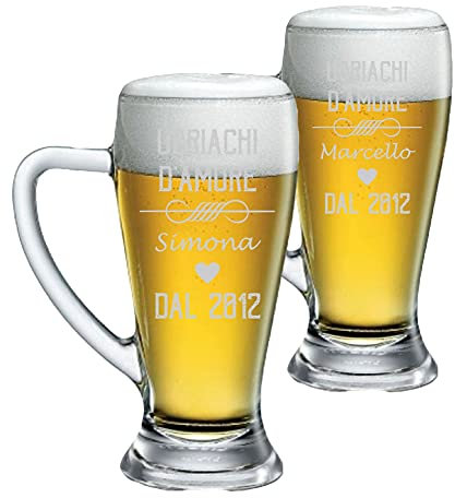 Colorfamily Coppia Boccali da birra Personalizzati Set da 2 Boccali da birra personalizzati con nome e anno Ubriachi d'amore - bicchiere in vetro 38 cl