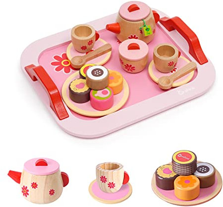 Set Da Tè Pomeridiano Giocattoli in Legno per Bambini|Giocattolo Educativo da Cucina da 18 Pezzi|Cosplay Giocattoli Alimentari Bambini Ragazze Regali Sotto i 6 Anni