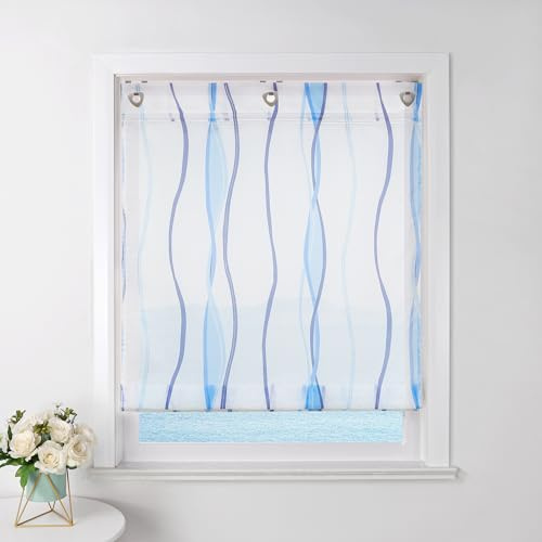ESLIR Raffrollo mit Ösen Gardinen Küche Raffgardinen Voile Blau 80x140cm | Ohne Bohren, Transparent, Ösenrollo, Vorhänge mit Wellen-Druck, Modern, Fenster Rollos für Innen, Wohnzimmer Balkon, 1 Stück