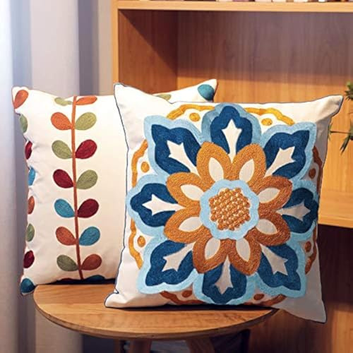 KITTMIN Boho Embroidery Cushion Covers 18x18 Set of 2- Floral Cotton Throw Pillow Covers for Farmhouse Decor, Decorative Outdoor Throw Pillows for Couch Sofa Livingroom Yellow & Orange