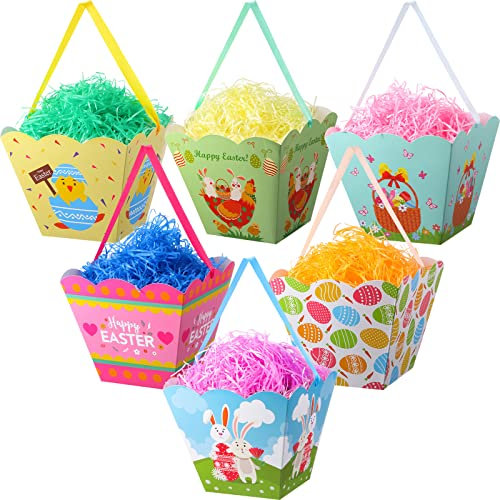 Zonon 6 Sets Small Easter Baskets Easter Treat Boxes with Ribbon Handle Mini Collapsible Gift Baskets with Grass Fill Happy Eggs Boxes Bunny Printed Theme Party Favor Bags, 4.7 x 4.7 x 6.7 Inches