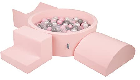 KiddyMoon Spielplatz Aus Schaumstoff Mit Rund Bällebad (300 Bälle) Ballgruben Für Babys Spielbad Hindernisläufen, Hergestellt In Der EU, Pink:Perle/Grau/Transparent/Puderrosa
