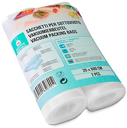 Rotoli Sottovuoto Sacchetti per Alimenti - Super Resistenti - Adatti a Tutte le Macchine Sottovuoto - Trasparenti - Cottura e Congelazione (2, 20x600)