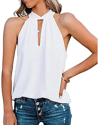 Ejoyous Femmes Débardeur Dos Nu sans Manches Blouse Col Sangle Sexy Cou Sangle Été Décontracté T Shirts pour Sortie Plage Blanc Taille M