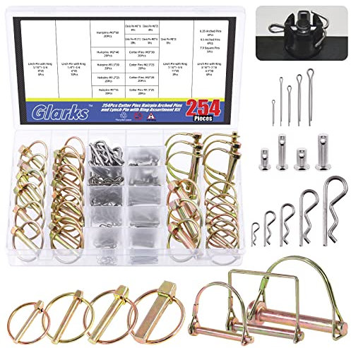 Glarks 254Pc Mixed Linch, Clevis, Cotter & R Clip Assortment Kit; 5 Styles for Trucks, Cars & Trailers