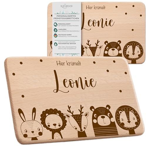 KIDSMOOD - Personalisiertes Holzbrett Kinder | Individuelles Schneidebrett Holz mit Namen & Tiermotiv | Geschenk zur Geburt, Taufgeschenke, Geburtstag oder als Baby Geschenk für Mädchen und Jungen