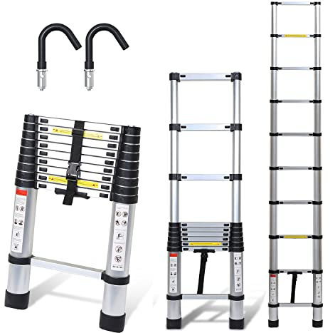 Ikodm Échelle télescopique en aluminium avec crochet amovible - 2,6 m - Échelle extensible - Antidérapante - Multifonction - Charge maximale : 150 kg