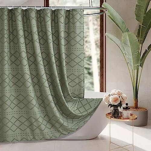 Siiluminisoy Sage Green Boho Woven Fabric Cute Shower Curtain, 72 x 72 Tufted Chevron Textured Striped Modern Farmhouse Minimalist Cloth Shower Curtain for Bathroom