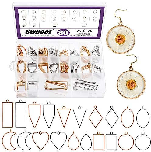Swpeet Set di 80 lunette aperte in resina in 2 colori, 10 stili, 10 forme con cornice cava e lunette, stampi per gioielli, ciondoli per orecchini, collane, bracciali, artigianato fai da te (oro K,