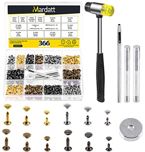 Mardatt 360 Sets Double Cap Rivets with Setting Tool Kit, 4 Colors 3 Sizes Leather Rivets Double Cap Rivet Tubular Metal Studs for DIY Leather Craft Repair and Decoration