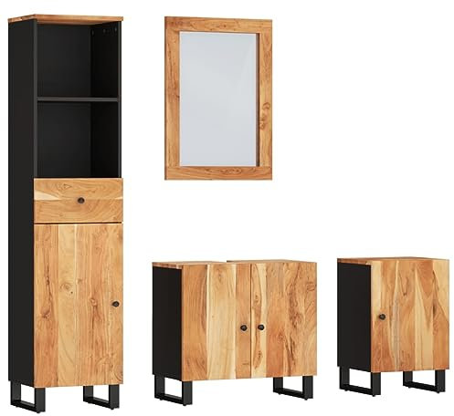 vidaXL Badmöbel Set 4 tlg., Waschbeckenunterschrank mit Holzbeinen, Spiegel für Badezimmer, Badspiegel Badschrank Badezimmerschrank Hochschrank, Massivholz Akazie