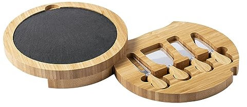 Genérico Tagliere per formaggi e salsiccia in legno bambù e ardesia con set di coltelli per formaggio in acciaio inox. Lussuoso set di tavola per snack
