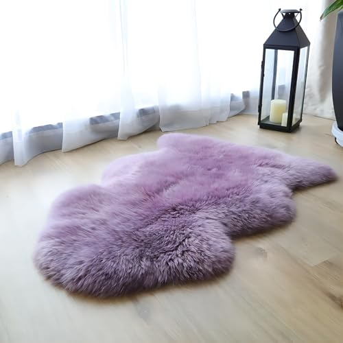 Real Sheepskin Rug Luxury Australian Soft Small Sheepskin Wool Carpet Mat Sofa Cushion Real Fur Blanket Floor Lambskin Carpet Purple Colour (2x3ft)