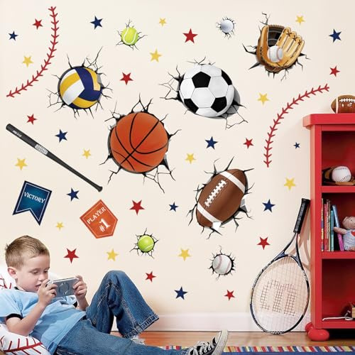 decalmile Wandsticker 3D Fußball Durchbruch Junge Wandtattoo Sport Bälle | Abziehbare und Aufklebbare Wandaufkleber, DIY Abnehmbare Wandkunst Abziehbilder, Wandfreundlich, Leuchtenden Farben