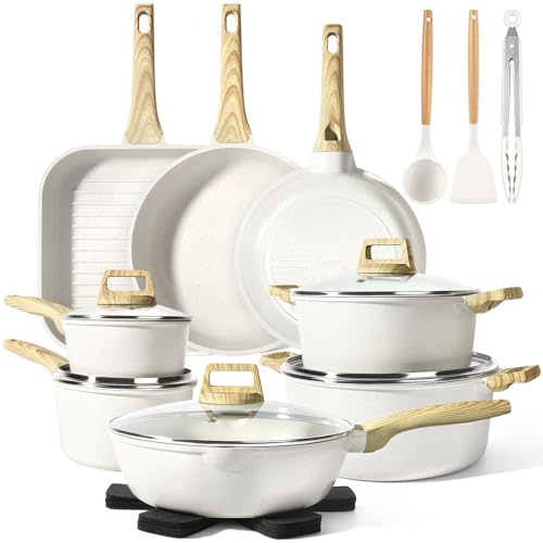 GiPP Pots and Pans Set Non Stick - 21PCS Granite Kitchen Cookware Sets Nonstick Induction Cookware Non-Toxic Cooking Pan Set with Silicone Spatula & Spoon, PFOS & PFOA Free(White,21PCS)