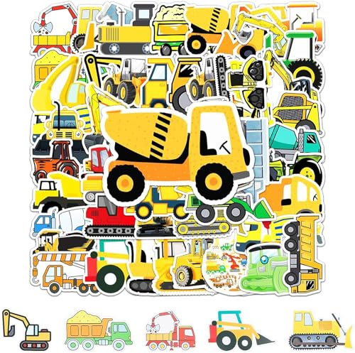 RUNEAY Sticker Kinder 50 Stück, Aufkleber Kinder Traktor Aufkleber Baustelle Sticker Bagger Aufkleber, Sticker Fahrzeuge Party Mitgebsel Gastgeschenk Baustelle Sticker für Wasserflasche Laptop Album