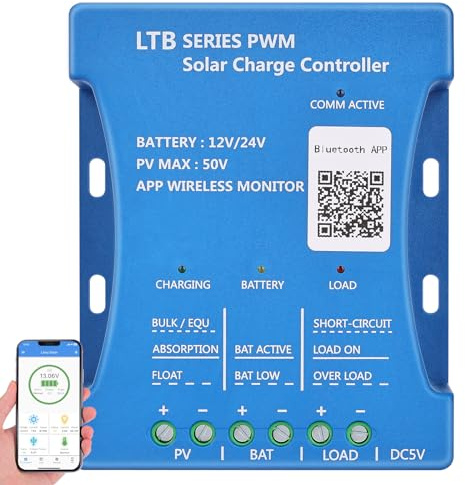 DERUXI 20A 12V/24V PV50V Bluetooth Solar Laderegler Solarpanel Ladegerät PWM Intelligente Solarladeregler USB Port,Blei Säure,LiFePO4,Lithium Batterie