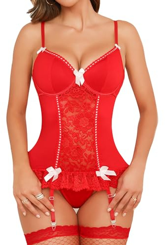 Aranmei Underklädesset för kvinnor, sexig blommig spetsbody med strumpeband, V-ringad babydoll-underkläder med strumpor, Färg: röd, M