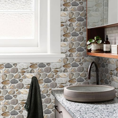 Targawerelax Retro Frosted Tile Stickers for Kitchen, Stick On Tiles for Bathroom Wall Self Adhesive Waterproof Vinyl Peel and Stick Wall Tiles Covers, Tawny Pebbles Stone Effect