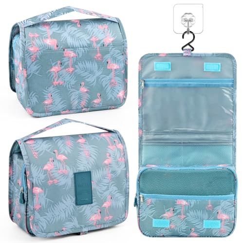 Trousse de Toilette de Voyage à Suspendre, Sac de Toilette étanche pour Femme, Sac de Maquillage Portable, Multifonction Imperméable Sac Cosmétique, pour Voyage, Affaire, Fitness, Camping (Flamants)