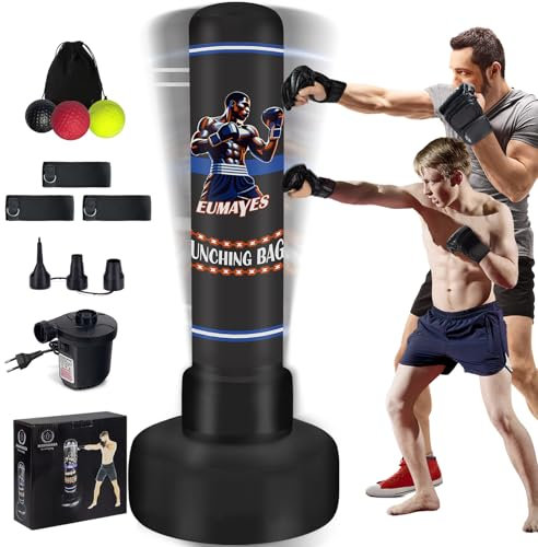 Boxsack Stehend Erwachsene Jugendliche, 180CM Freistehender Aufblasbare Standboxsack, Boxsack mit Ständer und Boxen Reflexball & Luftpump, Kickboxsack für Training Muay Thai Fitness Taekwondo