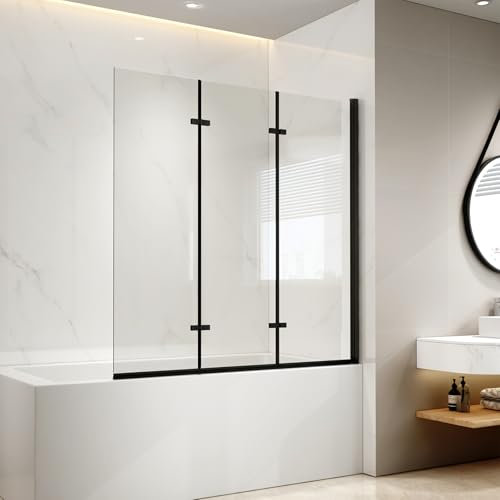 EMKE Mampara de ducha para bañera, 120 x 140 cm, color negro, accesorio de 3 piezas, plegable, mampara de ducha para bañera, mampara plegable de 6 mm, cristal de seguridad