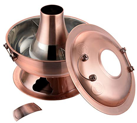 Copper hot pot， Vintage Shabu Pot，Vintage Copper Shabu Shabu Hot Pot with Divider, Two-Flavor Chinese Charcoal Shabu Pot ，Cooker Stainless Steel Hot Pot Cookware for 3-7 People(Red Copper,32cm)