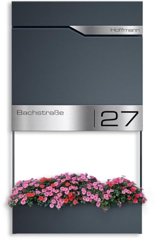 Metzler Boîte aux lettres Anthracite RAL 7016 avec jardinière, range-journaux et numéro de maison – Boîte murale personnalisée avec gravure laser – Boîte postale avec plaque nominative | Siebert Frame