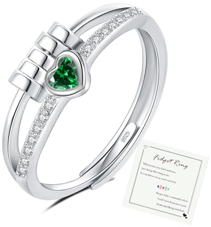 HEEYA Anxiety Ring für Damen Silber Ringe mit Geburtssteinen Herzring Angst Ringe Offen Verstellbar Anti-stress-ring mit Perlen Spinner Fidget Ring Frauen Hypoallergen Stimmungsring gegen Stress