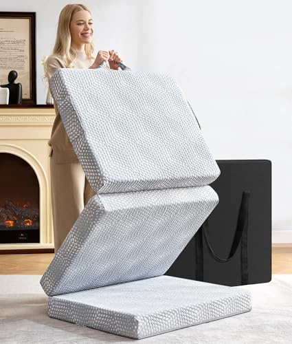 BDEUS Memory Foam Folding Topper 3.95 Inch Twin Size with Protable Storage Bag, Trifold Topper Soft Guest Mat Floor Mat for Kids Camping Road Trip, Gray, 38 x 75 Inch