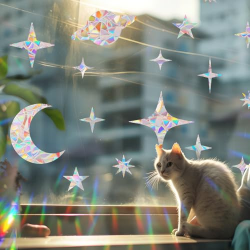 Runtoo Bird Strike Prevention Decals for Windows Anti Collision Window Stickers for Kids Birds Non Adhesive Reusable Moon Stars Vinyl Rainbow Glass Door Window Clings