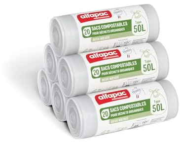 Alfapac professionnel - Carton de 500 sacs-poubelle compostables 50L - 25 rouleaux de 20 sacs - Fermeture à 2 noeuds - Pour déchets organiques