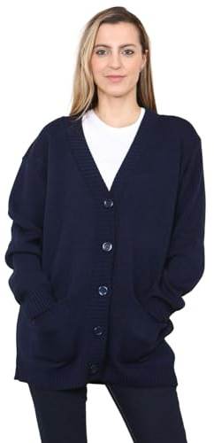 Womens Grandad Cardigan, Ladies Plain V Neck Long Sleeve Open Front 5 Button Longline Oversized with 2 Front Pockets Knitted Sweater UK Plus Size 8-26