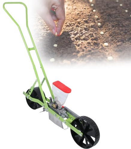 Manual garden seeder for vegetable cultivation, precision seeder for peanuts, corn and beans, adjustable plant spacing, trolley design.