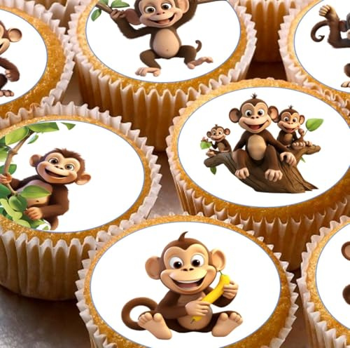 Monkey Pre-cut Edible Wafer Cupcake Toppers, Cake Decorations, Jungle Theme Party x 24