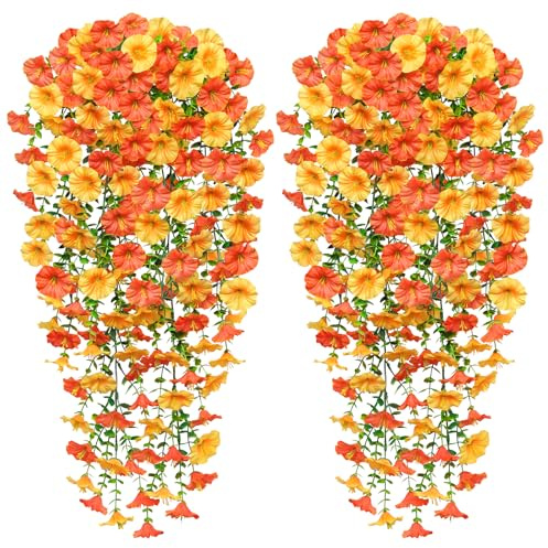 Weldomcor 2 Stück Hängepflanze Künstlich Herbstdeko Kunstblumen Hängend Herbstblumen mit Eukalyptus Herbst Künstliche Hängepflanzen Blumen wie Echt für Wand Haus Garten Dekoration (Orange, Gelb)