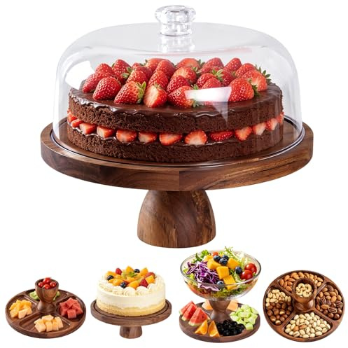 Tortenständer, 12 Zoll Kuchenständer, Holz 2 in 1 Tortenplatte mit Deckel, Runde Desserttisch Kuchenhalter Wurstwarenbrett mit Kuppelabdeckung Tortenhalter für Käsefrüchteplatten Gebäck Obst Snacks