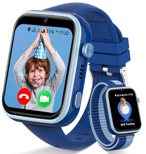 Fitnynxos 4G Smartwatch Bambini con Chiamate e GPS, Orologio Smartwatch Bambini con Videochiamate, SOS, Chat Vocale, SMS, Modalità Scuola, Whatsapp, WiFi, SIM, IP68 Contapassi, Regalo Bambino, Blu