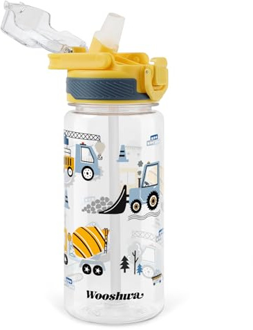 omedecal Trinkflasche Kinder mit Strohhalm Auslaufsicher, Wasserflasche Jungen Mädchen für Sport & Schule, 600ml, BPA-frei, Tragegriff, Spülmaschinenfest - Bagger