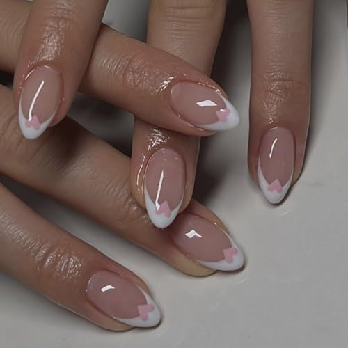 LunarCharm 24 Pieces Pink Heart French Tip Press-On Nails, Short Almond Acrylic Nails, Glossy Nude, Full Coverage, Stick-On Artificial Adhesive on Nails