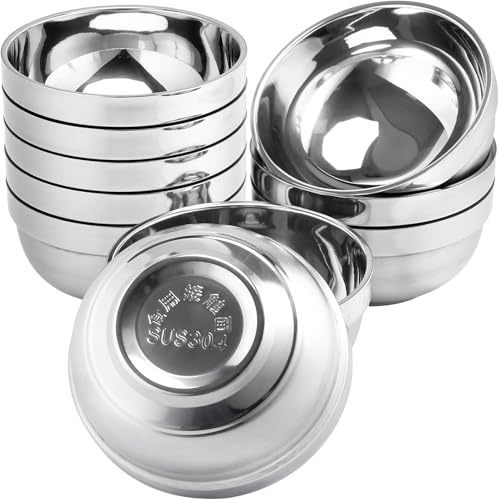 EOGRFW 10 Stück Edelstahl Schüssel, Doppelschicht Salat Schüssel, Rund | Bruchsichere Schüssel, Edelstahl Schale, Stainless Steel Bowl for Salat Geschirr Reis, Gewürze, Snacks