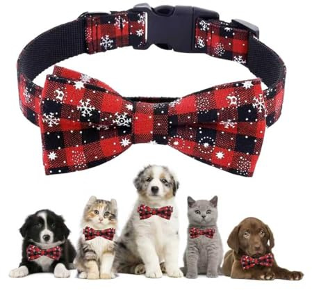 Weihnachtshalsband für Katzen und Hunde, Weihnachtshalsband, Weihnachten Hundehalsband Einstellbar, Halsbänder mit Fliege Weihnachts, Kariertes Kostüm Hundehalsband, für Katzen und Welpen (M)