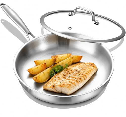 Nontoxicook Professional 30cm Tri-Ply Stainless Steel Frying Pan with Lid | Uncoated Large Skillet, Induction Hob Pan with Fast & Even Heat, Oven Safe up to 315°C, Compatible with All Hobs