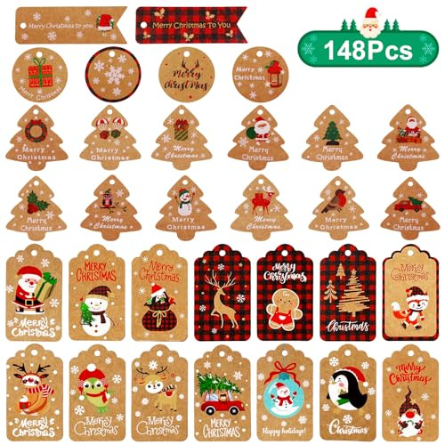 Joogee 148 Etiquetas Navideñas, Etiquetas De Papel Kraft Navideño con Hilo de Yute Etiquetas para Regalo De Cumpleaños DIY Tarjetas De Decoración De Regalos