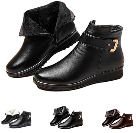 Ortopediska stövlar i ull med metallspänne och äkta läder for kvinnor, snöstövlar med slip-on och pälsfoder, snöstövlar med dragkedja i sidan och ankeln(Black-b,41 EU)
