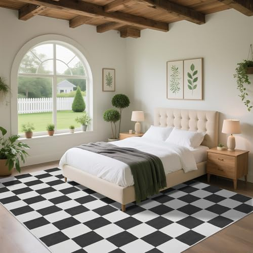 Puremy Wohnzimmerteppich, 140 x 200 cm, Schachbrettmuster, Indoor-Teppich, waschbar und rutschfest, flach Bedruckt, ultradünnes Design, geeignet für Schlafzimmer, Kinderzimmer, Wohnzimmer, Schwar