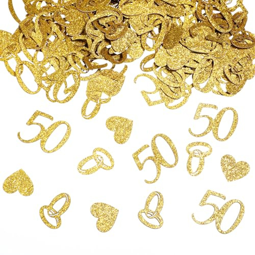 100 Stück Konfetti Goldene Hochzeit Deko,Herz Gold Konfetti Dekoration,Tischdeko Gold Hochzeit mit Ringe und Herz Motiven,für GoldenHochzeit Deko, 50. Jahrestag Jubiläum Goldhochzeit Party